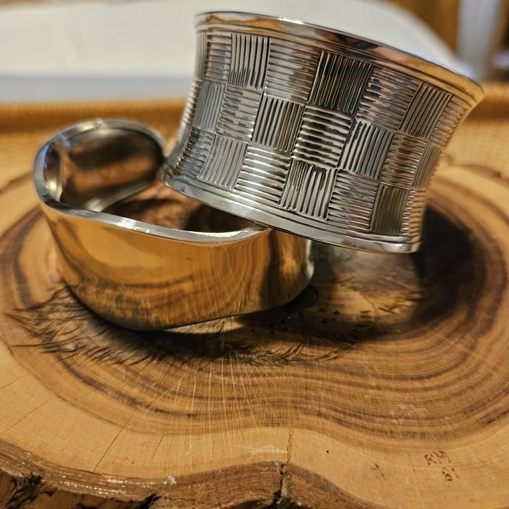 Two Bangles Bracelets Woven Silver Tone Boho - image 1